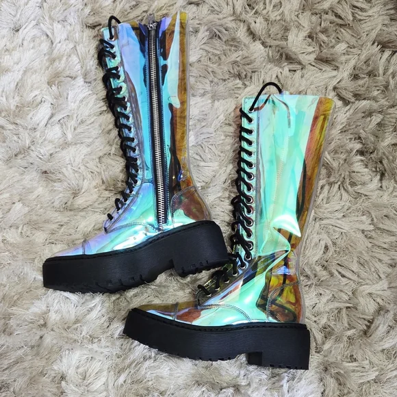 Dolls Kill Iridescent Lace-Up Knee-High Boots - NWOT - Picture 3 of 5
